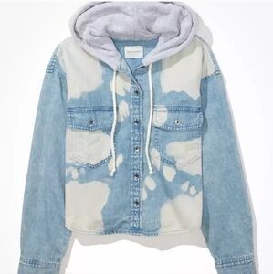 American Eagle Bleached Denim Cropped Hooded Jean Jacket Shacket.